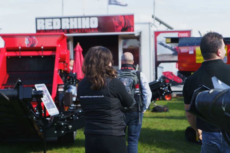 Red Rhino team at Plantworx 2025 displaying the new electric trommel and 8000 jaw crusher